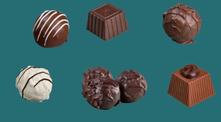 6 bombons amb fons blau