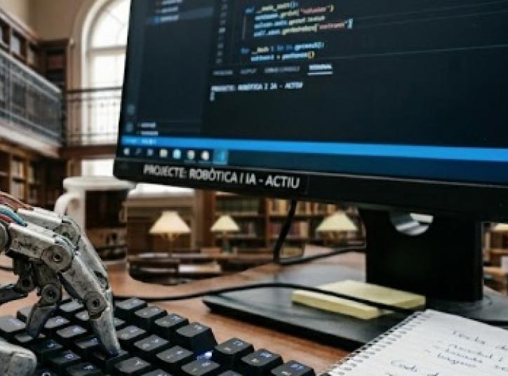 una ma de robot escrivint en un teclat d'ordinador